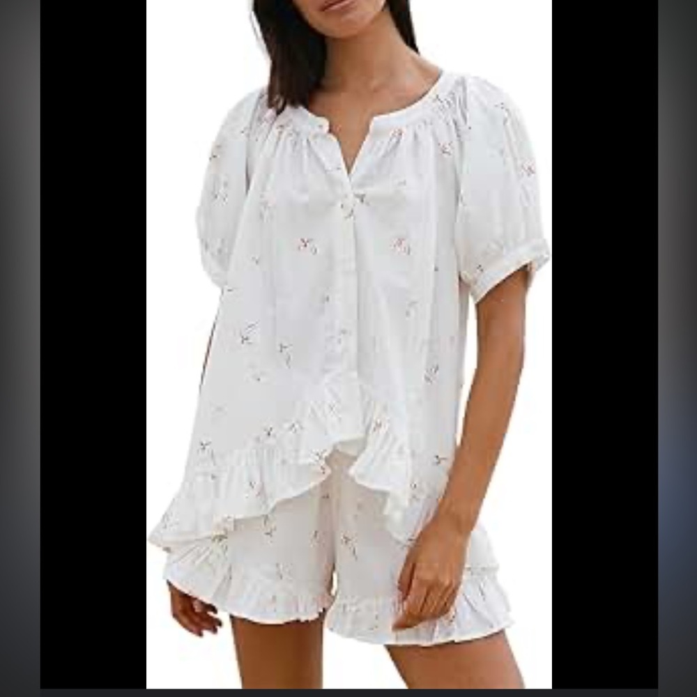 MBZ Ruffle 2 Pieces Pajama Sets Y2k Ruffles Hem Short Slv Shirt Tops Drawstring